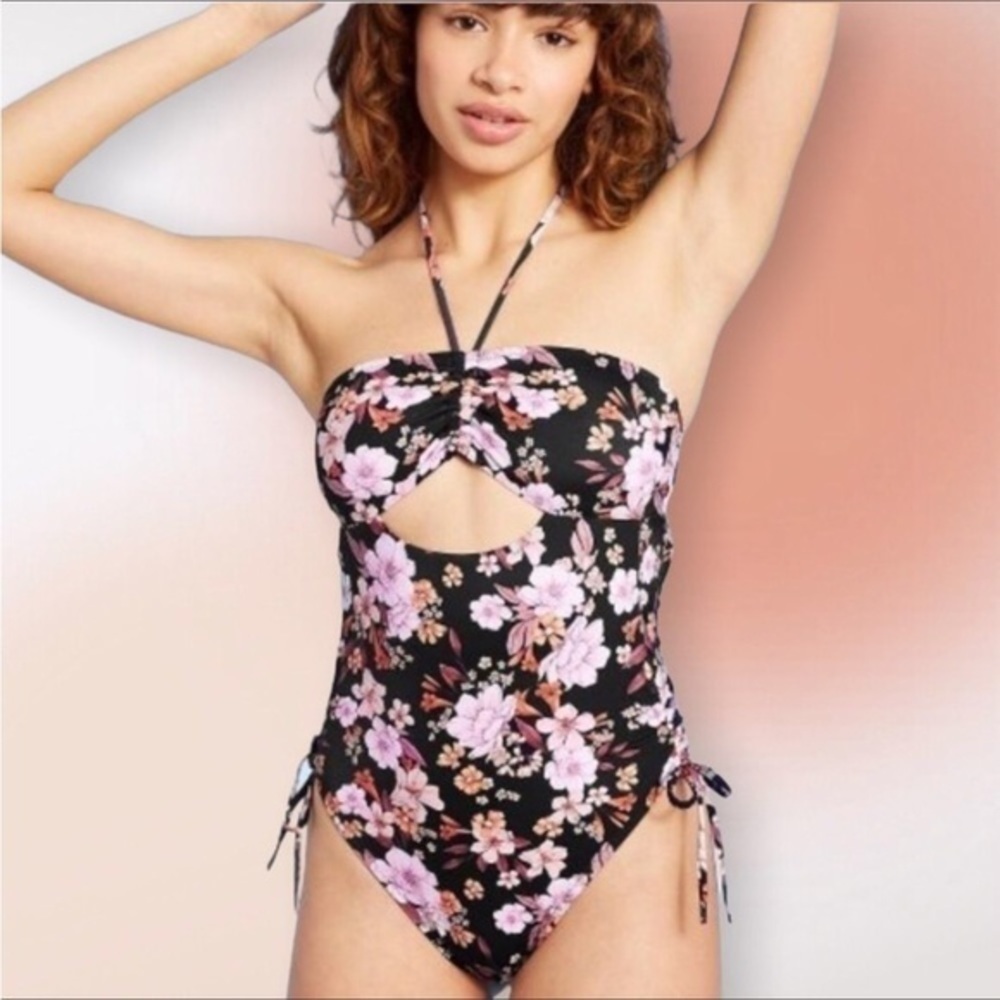 Shade & Shore Floral Halter One Piece Low Back High Cut Swimsuit Med